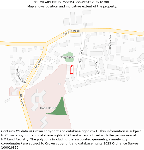 34, MILARS FIELD, MORDA, OSWESTRY, SY10 9PU: Location map and indicative extent of plot