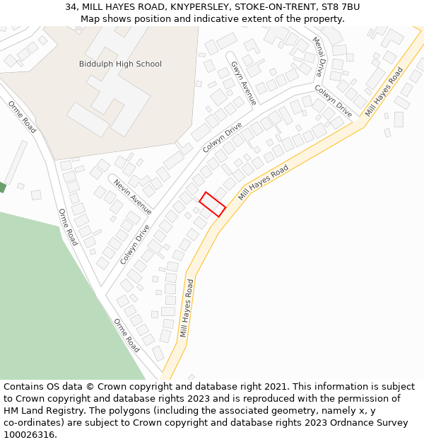 34, MILL HAYES ROAD, KNYPERSLEY, STOKE-ON-TRENT, ST8 7BU: Location map and indicative extent of plot