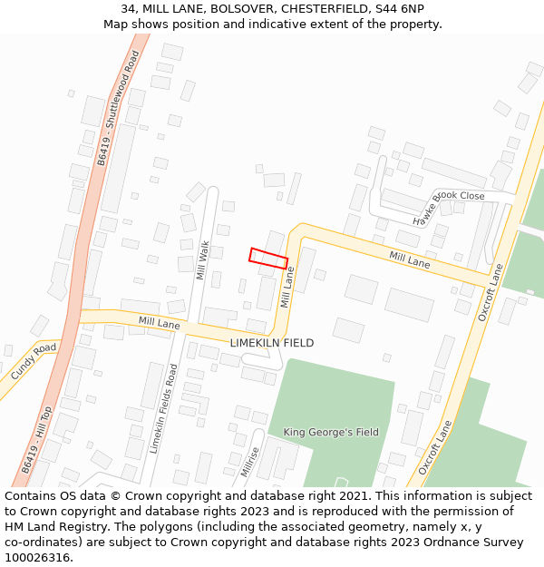 34, MILL LANE, BOLSOVER, CHESTERFIELD, S44 6NP: Location map and indicative extent of plot