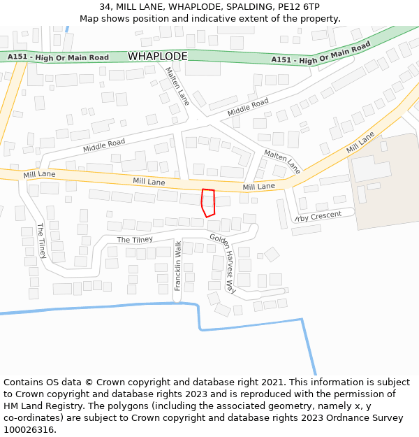 34, MILL LANE, WHAPLODE, SPALDING, PE12 6TP: Location map and indicative extent of plot