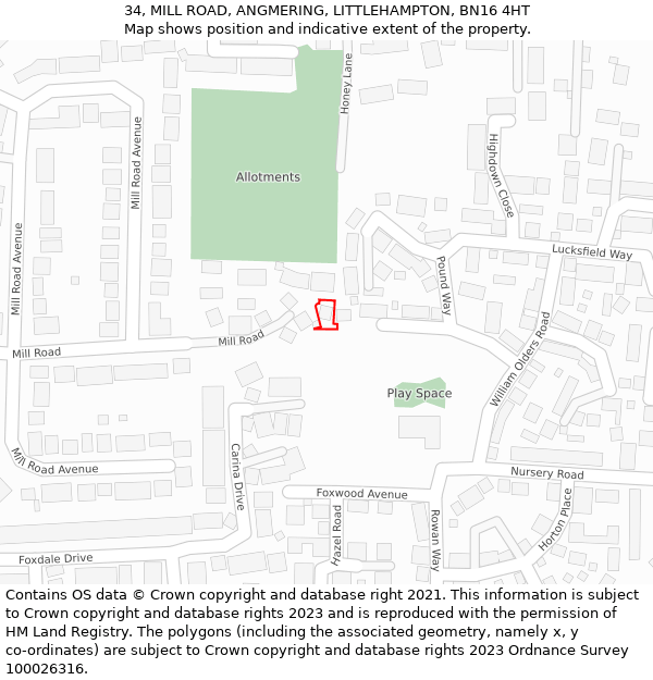 34, MILL ROAD, ANGMERING, LITTLEHAMPTON, BN16 4HT: Location map and indicative extent of plot