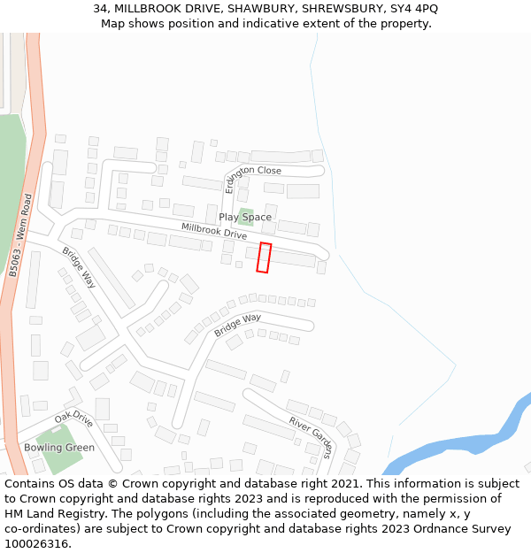 34, MILLBROOK DRIVE, SHAWBURY, SHREWSBURY, SY4 4PQ: Location map and indicative extent of plot