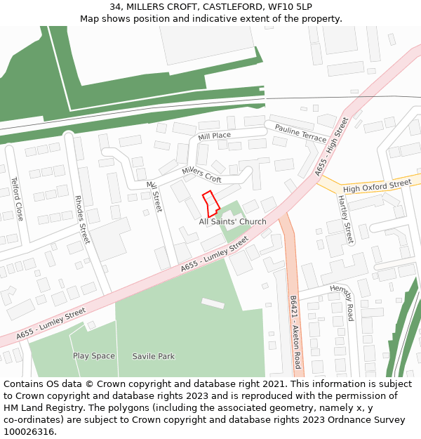 34, MILLERS CROFT, CASTLEFORD, WF10 5LP: Location map and indicative extent of plot