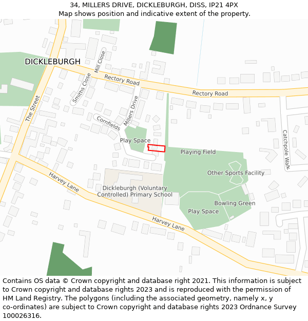 34, MILLERS DRIVE, DICKLEBURGH, DISS, IP21 4PX: Location map and indicative extent of plot