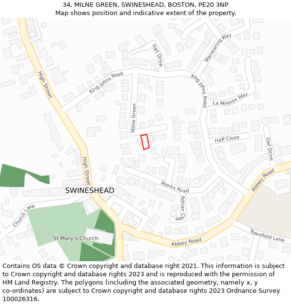 34, MILNE GREEN, SWINESHEAD, BOSTON, PE20 3NP: Location map and indicative extent of plot