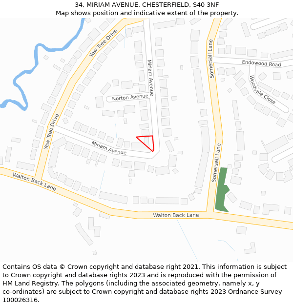 34, MIRIAM AVENUE, CHESTERFIELD, S40 3NF: Location map and indicative extent of plot