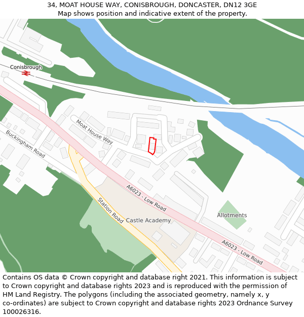 34, MOAT HOUSE WAY, CONISBROUGH, DONCASTER, DN12 3GE: Location map and indicative extent of plot