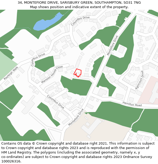 34, MONTEFIORE DRIVE, SARISBURY GREEN, SOUTHAMPTON, SO31 7NG: Location map and indicative extent of plot