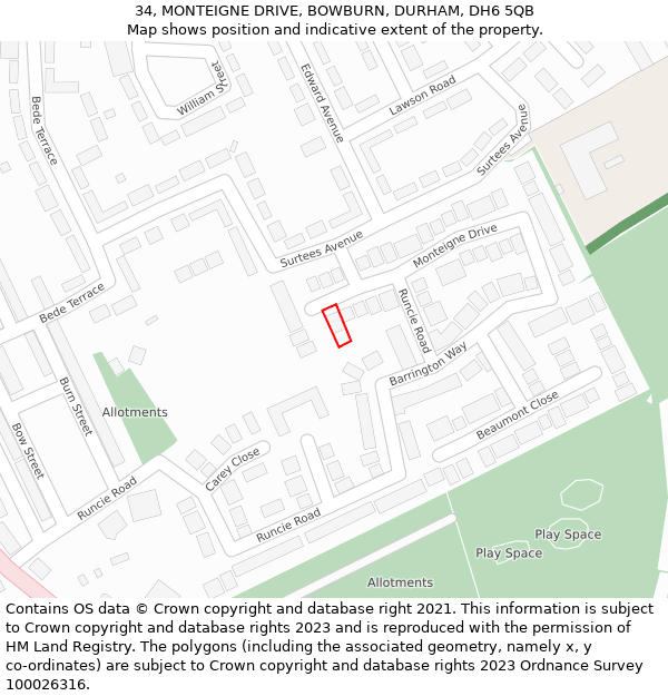 34, MONTEIGNE DRIVE, BOWBURN, DURHAM, DH6 5QB: Location map and indicative extent of plot