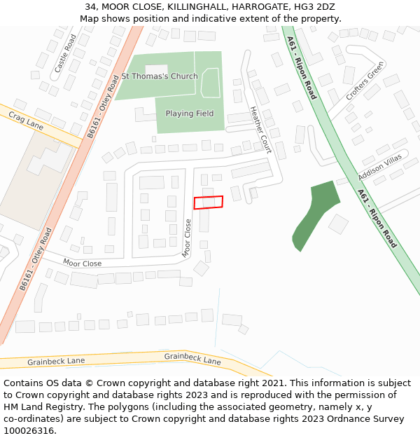 34, MOOR CLOSE, KILLINGHALL, HARROGATE, HG3 2DZ: Location map and indicative extent of plot