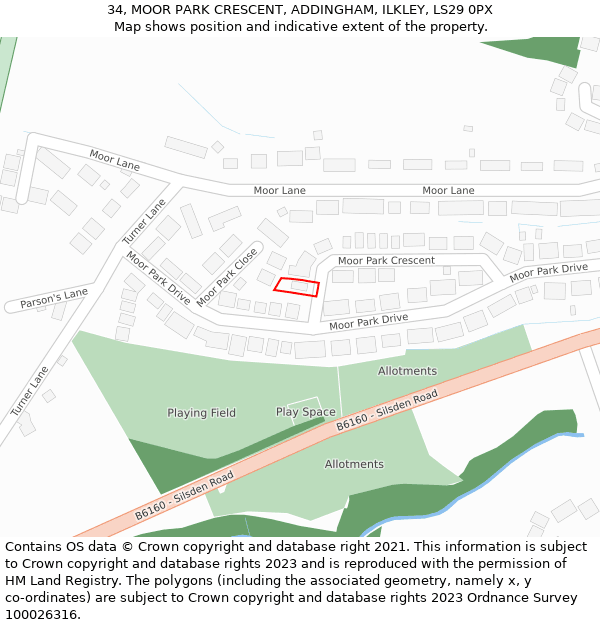 34, MOOR PARK CRESCENT, ADDINGHAM, ILKLEY, LS29 0PX: Location map and indicative extent of plot