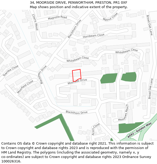 34, MOORSIDE DRIVE, PENWORTHAM, PRESTON, PR1 0XF: Location map and indicative extent of plot