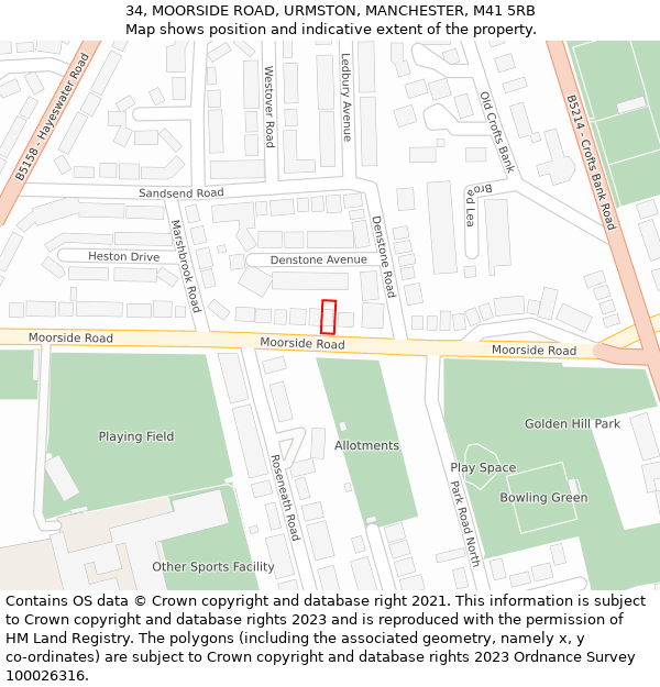 34, MOORSIDE ROAD, URMSTON, MANCHESTER, M41 5RB: Location map and indicative extent of plot