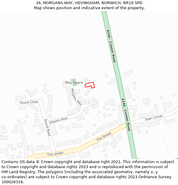 34, MORGANS WAY, HEVINGHAM, NORWICH, NR10 5PD: Location map and indicative extent of plot