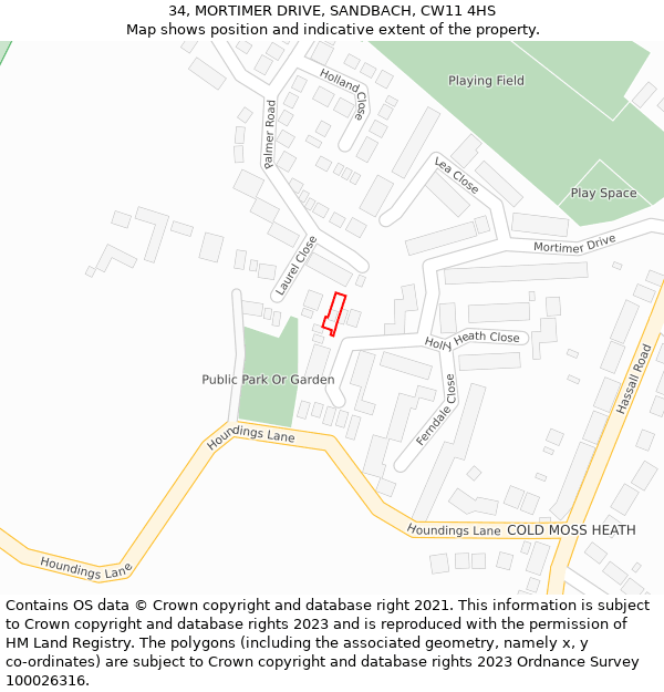34, MORTIMER DRIVE, SANDBACH, CW11 4HS: Location map and indicative extent of plot
