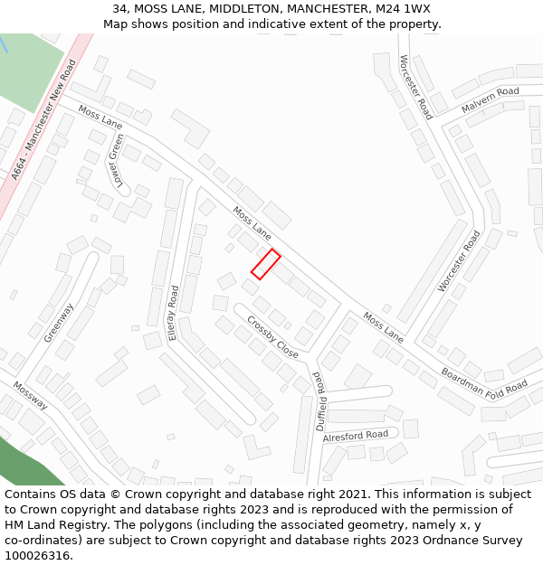 34, MOSS LANE, MIDDLETON, MANCHESTER, M24 1WX: Location map and indicative extent of plot