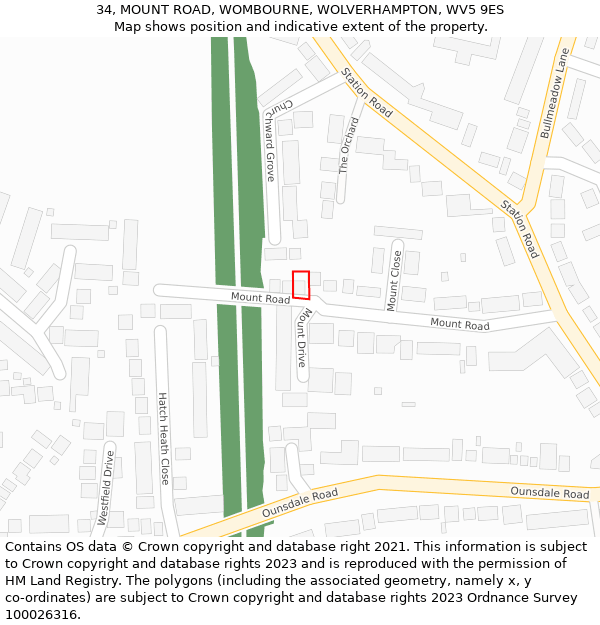 34, MOUNT ROAD, WOMBOURNE, WOLVERHAMPTON, WV5 9ES: Location map and indicative extent of plot