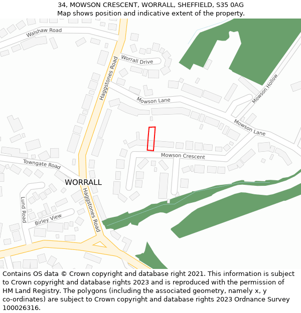 34, MOWSON CRESCENT, WORRALL, SHEFFIELD, S35 0AG: Location map and indicative extent of plot