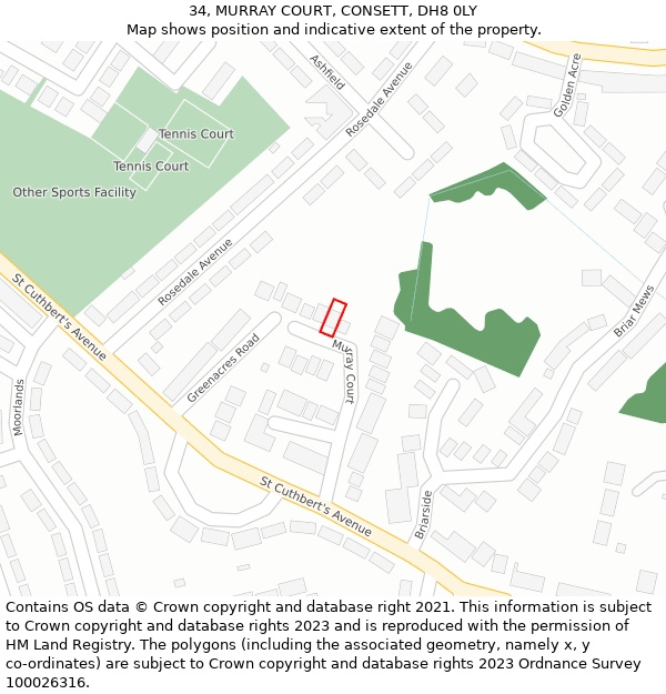 34, MURRAY COURT, CONSETT, DH8 0LY: Location map and indicative extent of plot