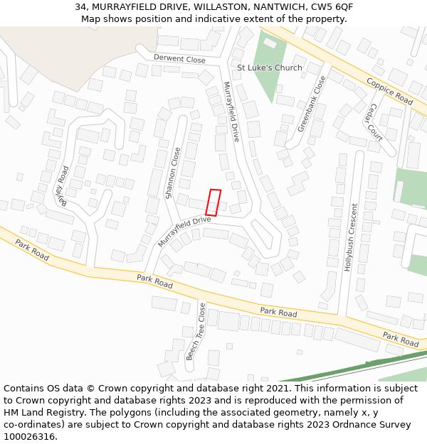 34, MURRAYFIELD DRIVE, WILLASTON, NANTWICH, CW5 6QF: Location map and indicative extent of plot