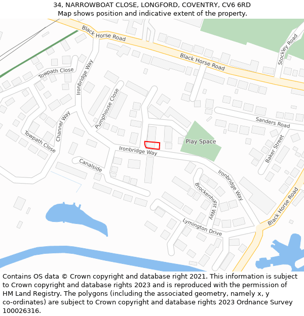 34, NARROWBOAT CLOSE, LONGFORD, COVENTRY, CV6 6RD: Location map and indicative extent of plot