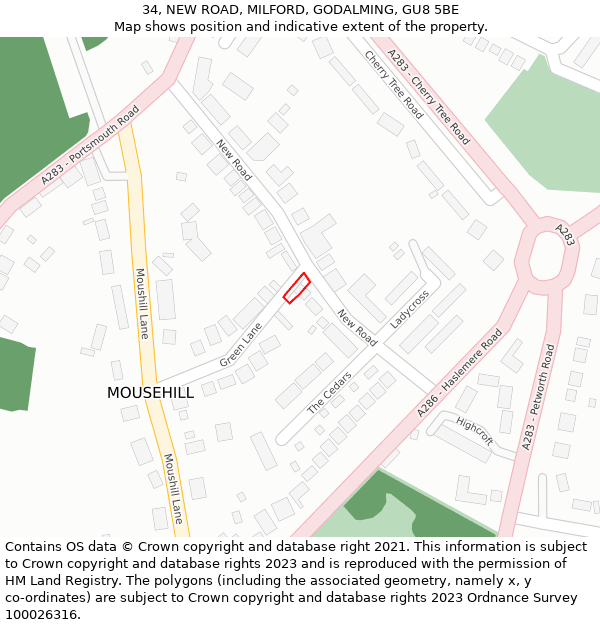 34, NEW ROAD, MILFORD, GODALMING, GU8 5BE: Location map and indicative extent of plot