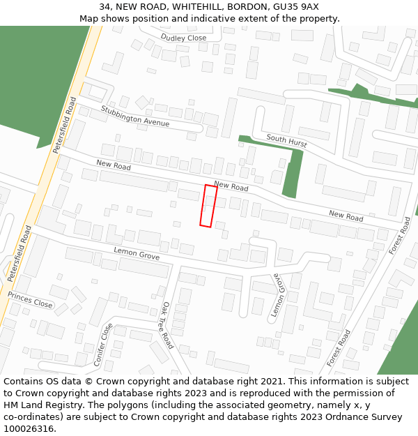 34, NEW ROAD, WHITEHILL, BORDON, GU35 9AX: Location map and indicative extent of plot