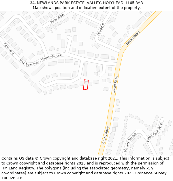 34, NEWLANDS PARK ESTATE, VALLEY, HOLYHEAD, LL65 3AR: Location map and indicative extent of plot