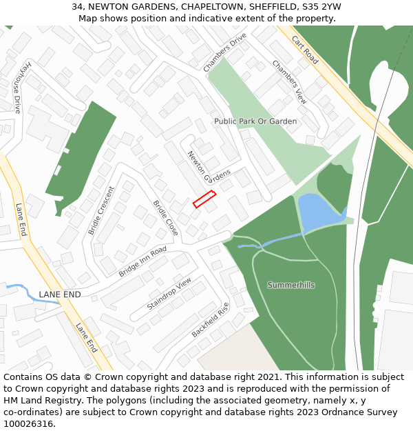 34, NEWTON GARDENS, CHAPELTOWN, SHEFFIELD, S35 2YW: Location map and indicative extent of plot