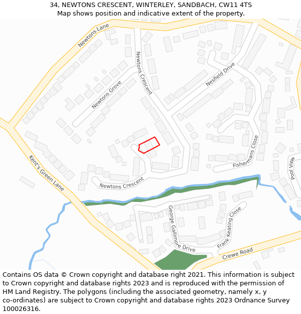 34, NEWTONS CRESCENT, WINTERLEY, SANDBACH, CW11 4TS: Location map and indicative extent of plot