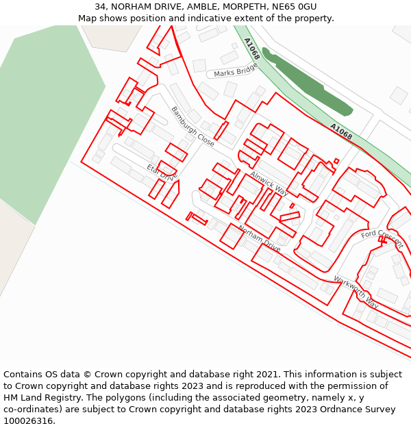 34, NORHAM DRIVE, AMBLE, MORPETH, NE65 0GU: Location map and indicative extent of plot