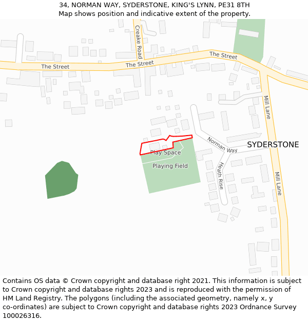 34, NORMAN WAY, SYDERSTONE, KING'S LYNN, PE31 8TH: Location map and indicative extent of plot