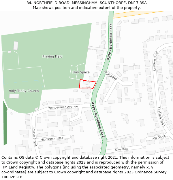 34, NORTHFIELD ROAD, MESSINGHAM, SCUNTHORPE, DN17 3SA: Location map and indicative extent of plot