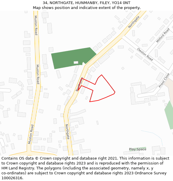 34, NORTHGATE, HUNMANBY, FILEY, YO14 0NT: Location map and indicative extent of plot