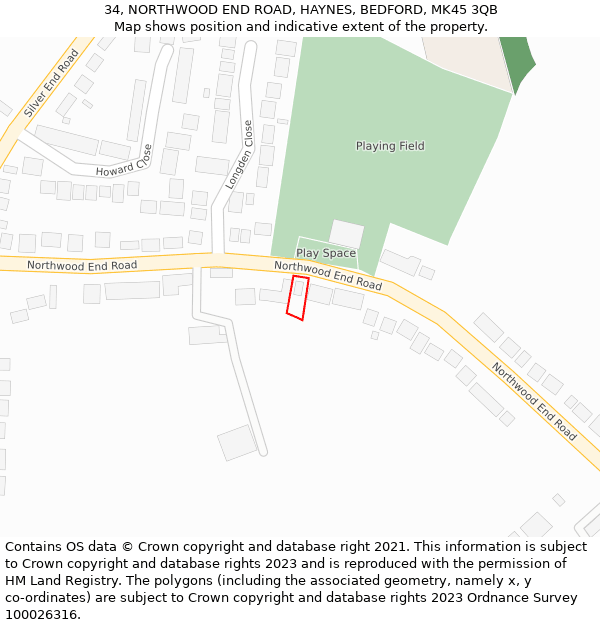34, NORTHWOOD END ROAD, HAYNES, BEDFORD, MK45 3QB: Location map and indicative extent of plot