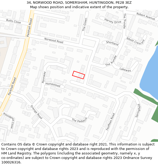 34, NORWOOD ROAD, SOMERSHAM, HUNTINGDON, PE28 3EZ: Location map and indicative extent of plot