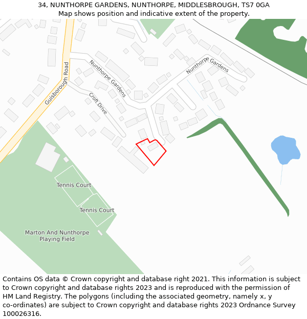 34, NUNTHORPE GARDENS, NUNTHORPE, MIDDLESBROUGH, TS7 0GA: Location map and indicative extent of plot