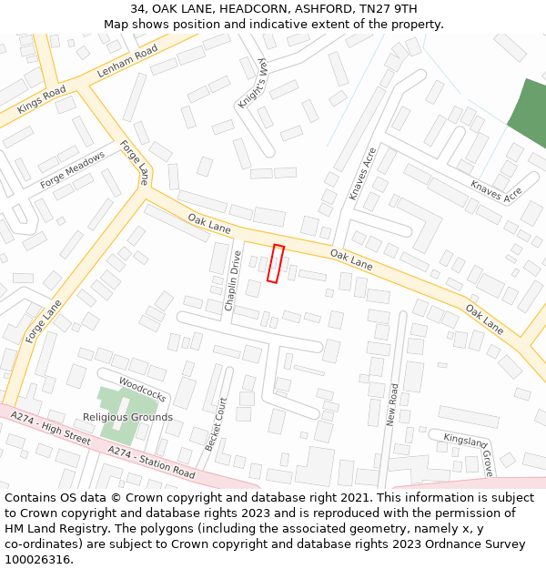 34, OAK LANE, HEADCORN, ASHFORD, TN27 9TH: Location map and indicative extent of plot