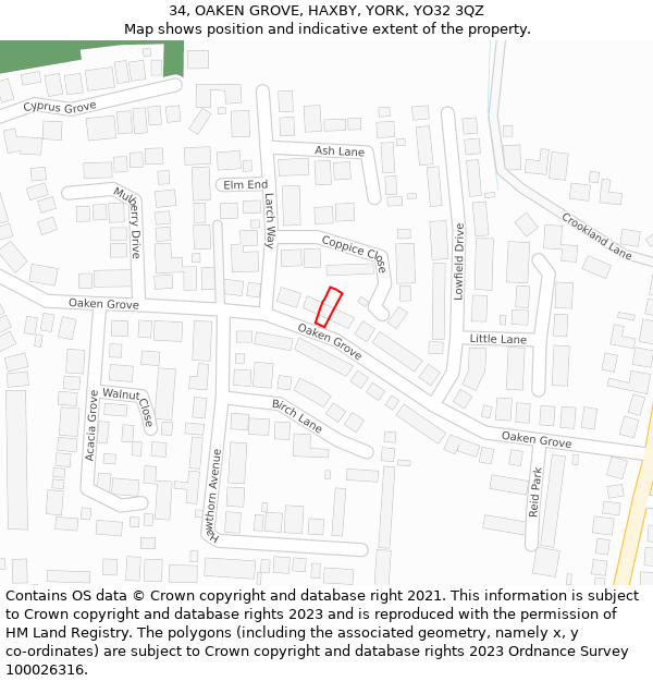 34, OAKEN GROVE, HAXBY, YORK, YO32 3QZ: Location map and indicative extent of plot