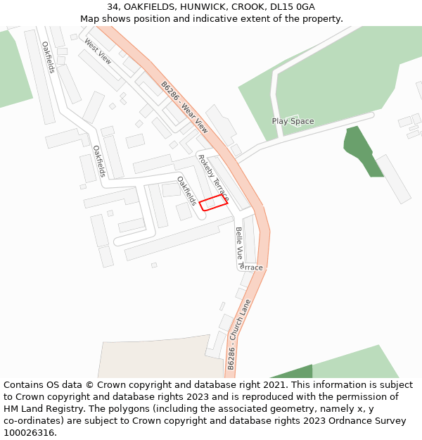 34, OAKFIELDS, HUNWICK, CROOK, DL15 0GA: Location map and indicative extent of plot