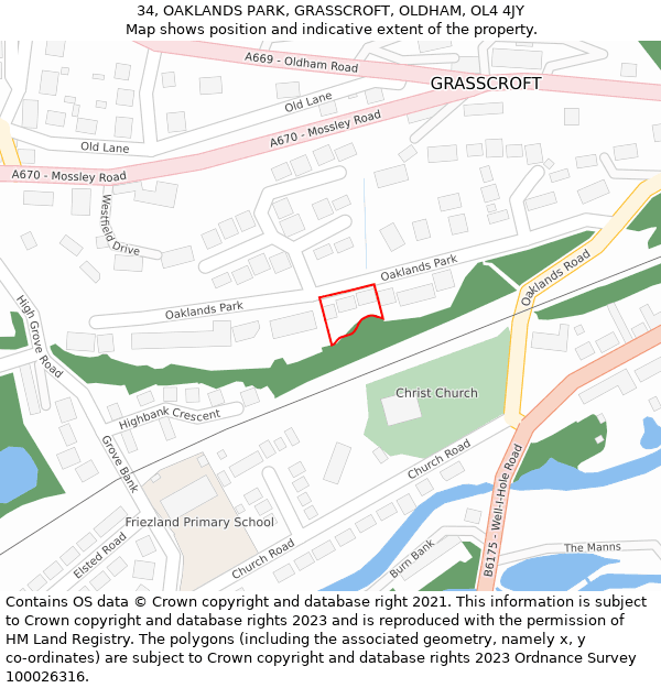 34, OAKLANDS PARK, GRASSCROFT, OLDHAM, OL4 4JY: Location map and indicative extent of plot