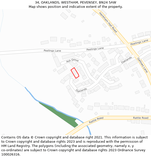 34, OAKLANDS, WESTHAM, PEVENSEY, BN24 5AW: Location map and indicative extent of plot