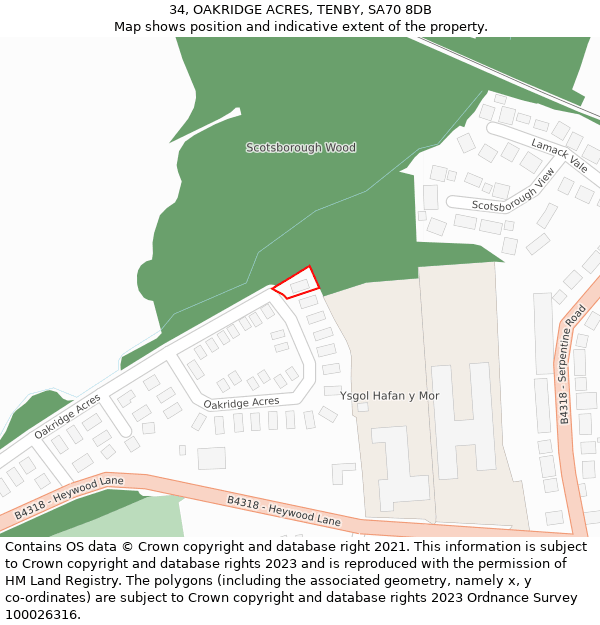 34, OAKRIDGE ACRES, TENBY, SA70 8DB: Location map and indicative extent of plot