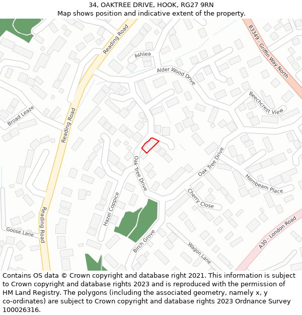 34, OAKTREE DRIVE, HOOK, RG27 9RN: Location map and indicative extent of plot