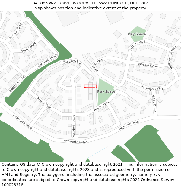 34, OAKWAY DRIVE, WOODVILLE, SWADLINCOTE, DE11 8FZ: Location map and indicative extent of plot