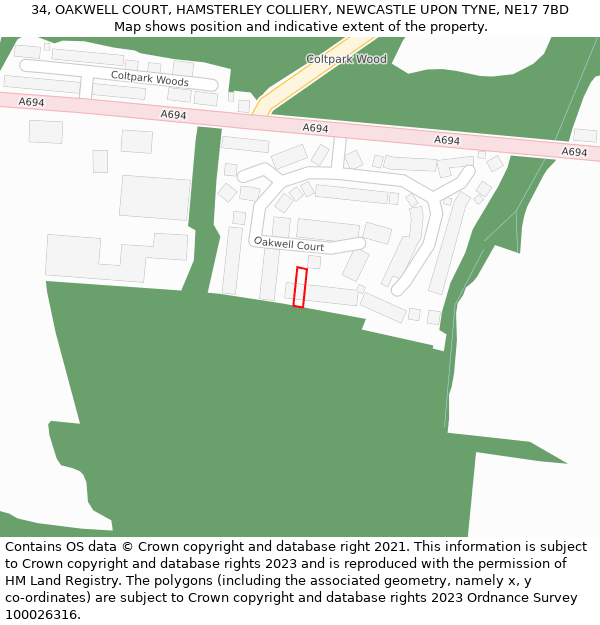 34, OAKWELL COURT, HAMSTERLEY COLLIERY, NEWCASTLE UPON TYNE, NE17 7BD: Location map and indicative extent of plot