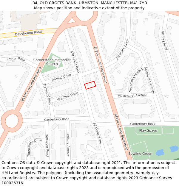 34, OLD CROFTS BANK, URMSTON, MANCHESTER, M41 7AB: Location map and indicative extent of plot