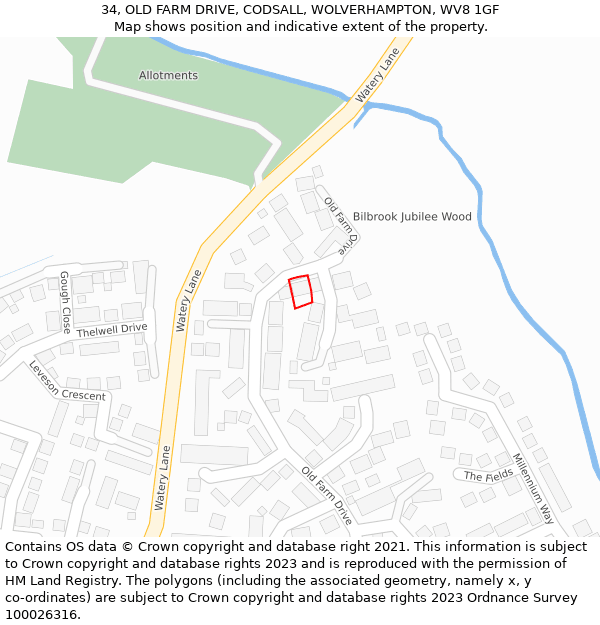 34, OLD FARM DRIVE, CODSALL, WOLVERHAMPTON, WV8 1GF: Location map and indicative extent of plot