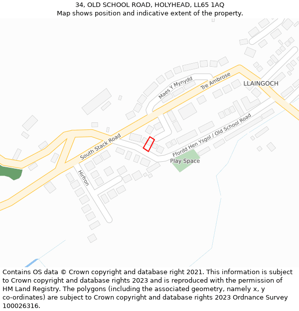 34, OLD SCHOOL ROAD, HOLYHEAD, LL65 1AQ: Location map and indicative extent of plot