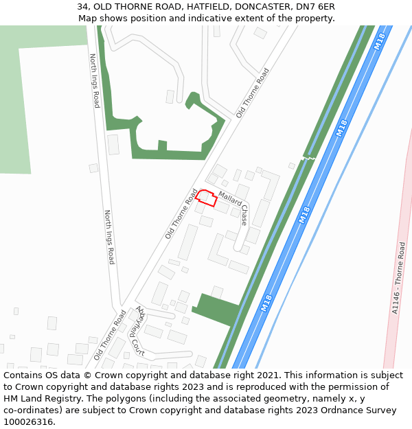 34, OLD THORNE ROAD, HATFIELD, DONCASTER, DN7 6ER: Location map and indicative extent of plot
